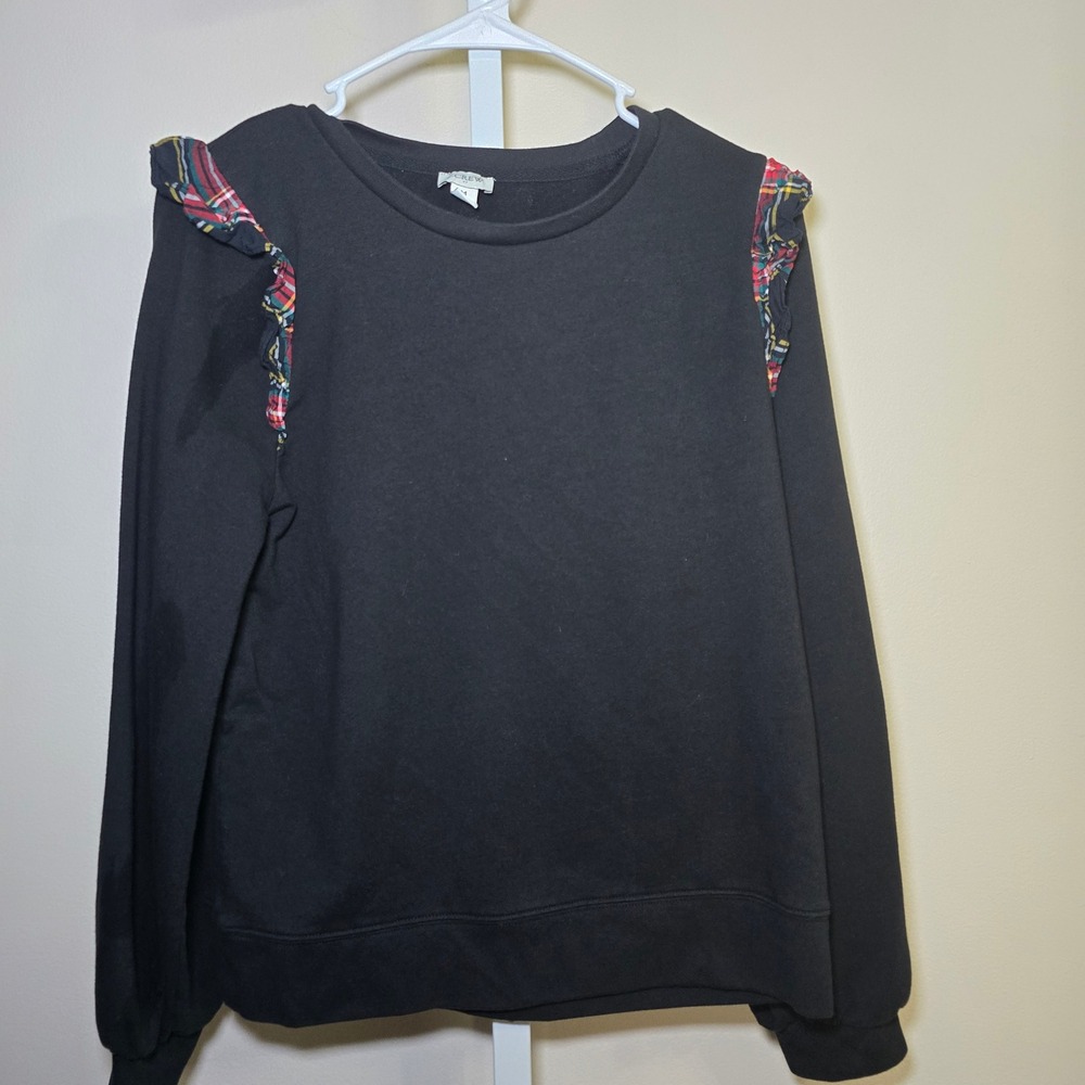 J. Crew Ladies Black Sweatshirt Medium Plaid Ruffle‎ Shoulder Long Sleeve Top